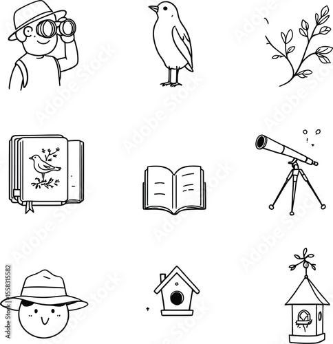 .Black-and-White Vector Illustration of Birdwatching Essentials & Avian Observation – 9-Icon Nature Study Grid