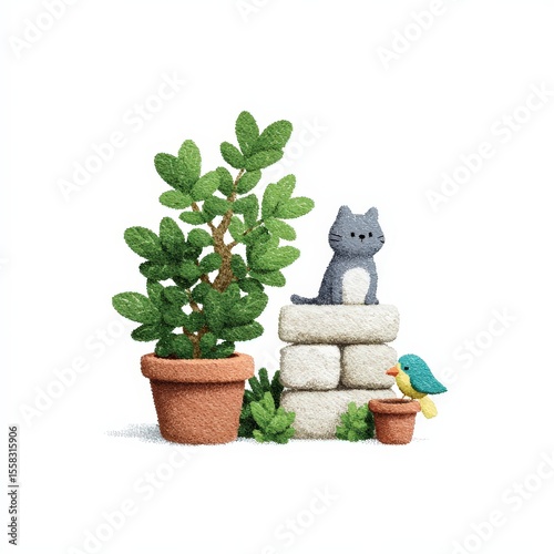 Cat and bird characters gardening in pastel backyard