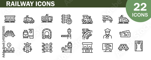 
Set of RAILWAY icons in line style. Developer icon for web and mobile apps. Code, api, programmer coding, apps, flows, node connections, web coding, bug fixes and more. Vector illustration