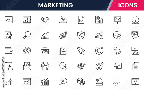 Vector illustration web line icon collection for sales & marketing: funnels, charts, promotions, and customer engagement symbols in a vibrant, modern, and dynamic design style.