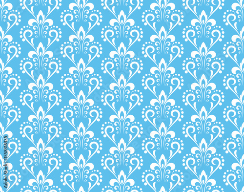 Wallpaper in the style of Baroque. White and black floral ornament. Seamless vector background. Graphic pattern for fabric, wallpaper, packaging. Ornate Damask flower illustration.