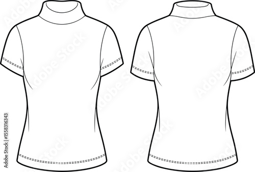 Sleek Mock Neck T-Shirt Technical Flat Sketch: Short Sleeve, Fitted Silhouette, Front & Back Views for Apparel Mockup