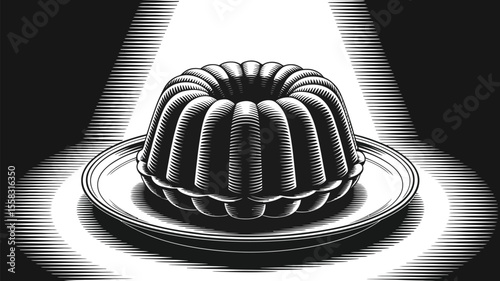 A monochrome illustration of a bundt cake on a plate with spotlight