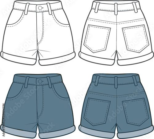 Versatile Rolled Cuff Denim Shorts Technical Flat Sketch: High Waisted, Front & Back Views for Fashion Design & Mockups