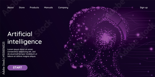 Concept of a landing page background with artificial intelligence or the design of a hero banner with a vector illustration of a cyber head