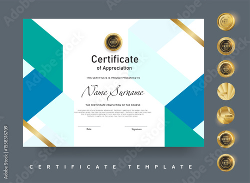 Wallpaper Mural Modern certificate of appreciation template featuring blue and green geometric shapes with golden accents suitable for corporate or academic achievement Torontodigital.ca