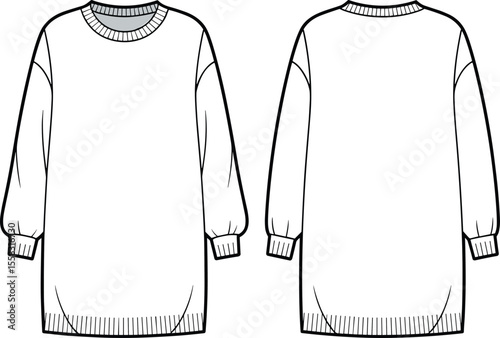 Oversized Sweatshirt Dress Technical Flat Sketch: Long Sleeve, Ribbed Cuffs & Hem, Front & Back Views for Mockups