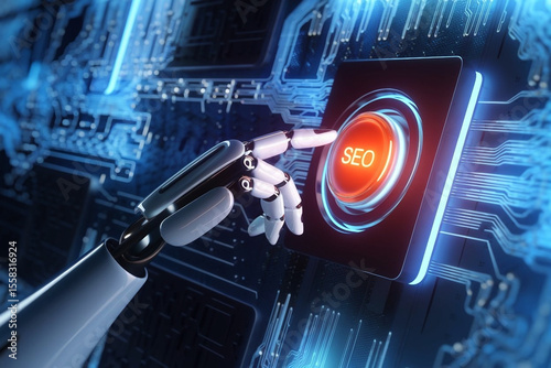 Futuristic Robotic Hand Pressing SEO Button on Digital Interface  AI-Powered Search Optimization Concept