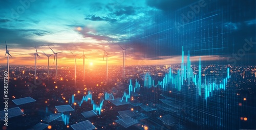 Sunset cityscape with wind turbines and solar panels overlaid with a financial growth graph, symbolizing renewable energy investment and economic progress