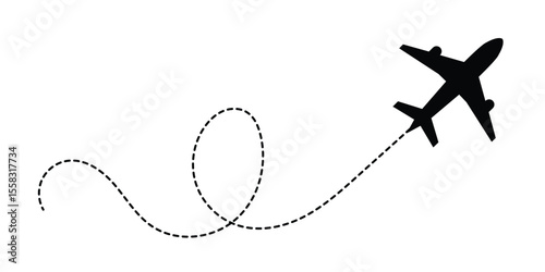 A set of airplane silhouettes with dotted flight paths, representing travel routes and aviation movement. Perfect for flight-related designs, trip planning concepts, and air travel graphics in eps 10.