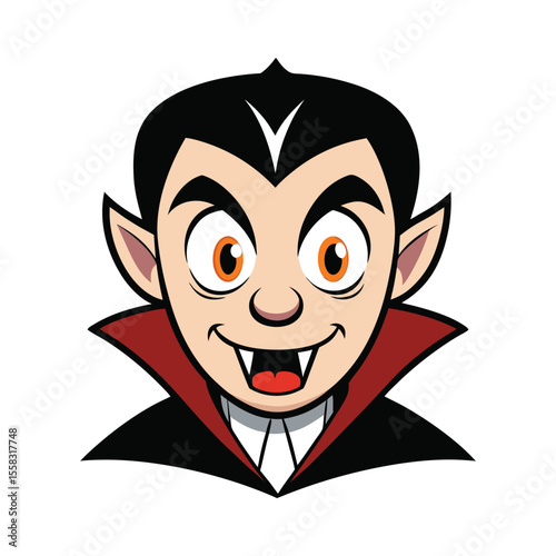Close up fanged vampire face illustration with sharp teeth and intense red eyes on a clean white background