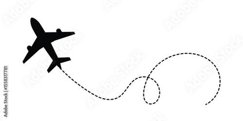 Airplane with dotted line route. flying plane with twisted, curved and straight dashed trace path. transparent png and vector illustration in eps 10.