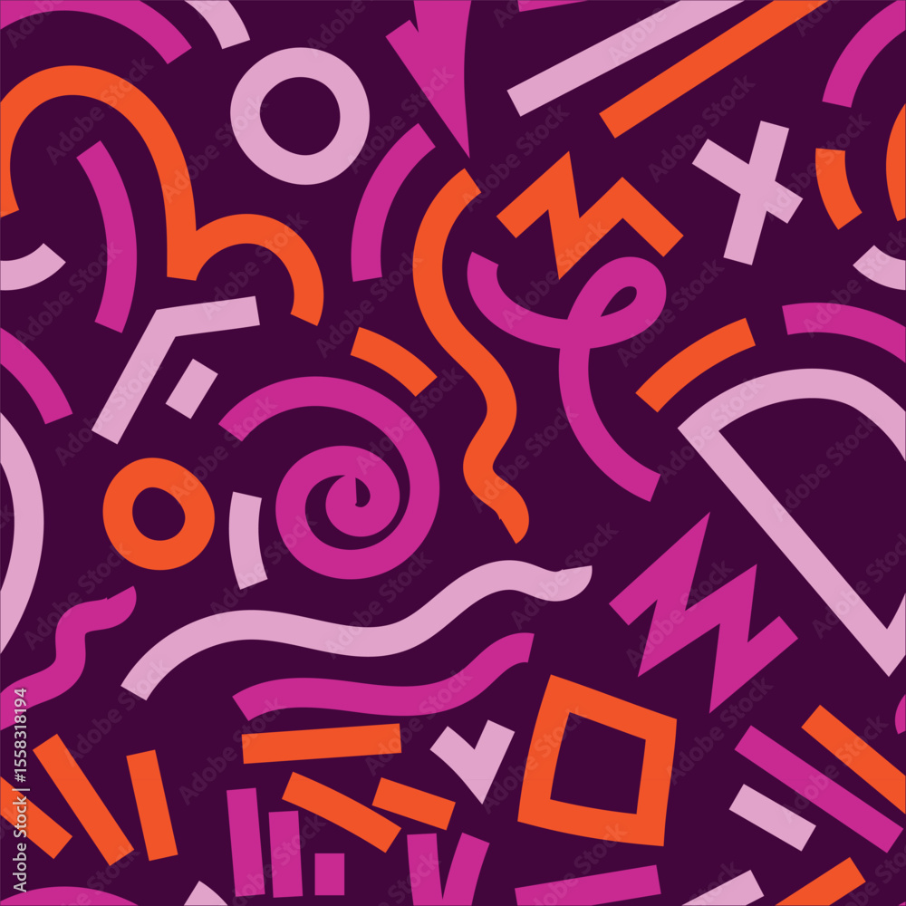 Fototapeta premium Abstract 80s or 90s hand drawn seamless pattern. memphis style hand drawn illustration. Bright trendy color palette. Circles, squares, lines, spiral. Pink, violet, orange.