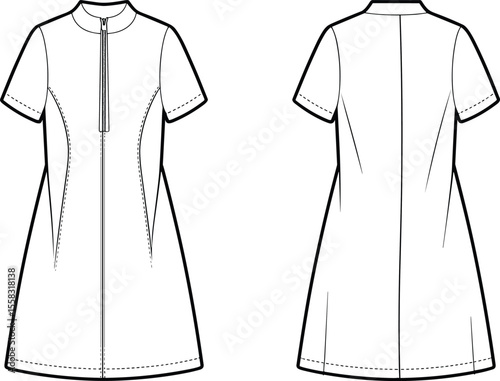 
Elegant Zip-Front Mini Dress Technical Fashion Flat Sketch: Short Sleeve, Mandarin Collar, A-Line Silhouette for Apparel Design