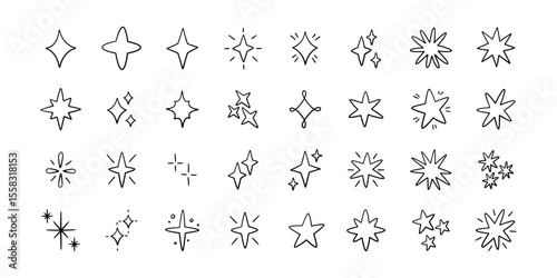 Doodle glitter twinkle star icons set. Hand drawn shine star burst symbol. Sketch magic blink collection. Doodle spark line icons. Vector illustration on white background.