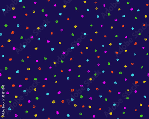 Crayon polka dot seamless pattern. Cute doodle polkadot texture. Hand drawn color chalk scribble round shape background. Baby kids seamless pattern. Vector illustration isolated on blue background.