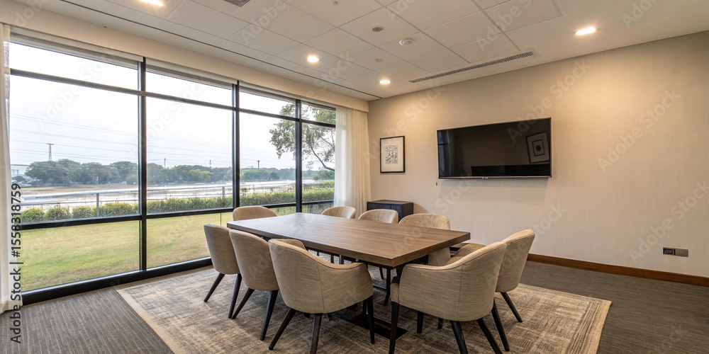Naklejka premium A Stylish Meeting Interior with a Table and Armchairs and a TV Screen for Collaboration