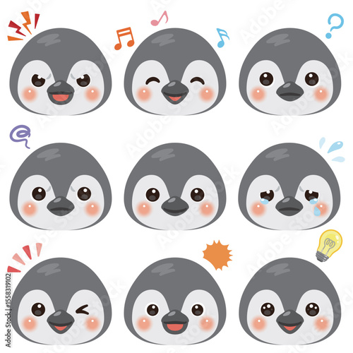 赤ちゃんペンギンのイラストセット　顔表情のみ