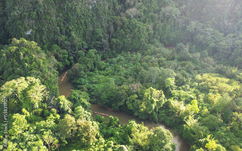 Aerial view of people rafting along the river and greenery rainforest in Khao Sok, Surat Thani Thailand