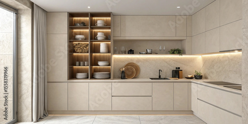 A Modern Beige Kitchen Niche Featuring an Open Shelf for Stylish Storage