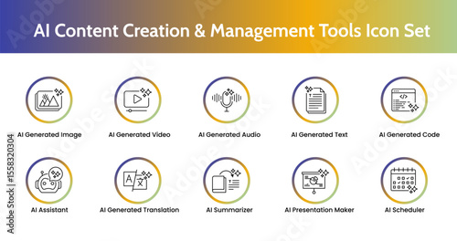 AI Content Creation & Management Tools Icon Set - Image, Video, Audio, Text, Code, Translation, Summarization, Scheduling, and Assistant Icons for Digital Workflow. 