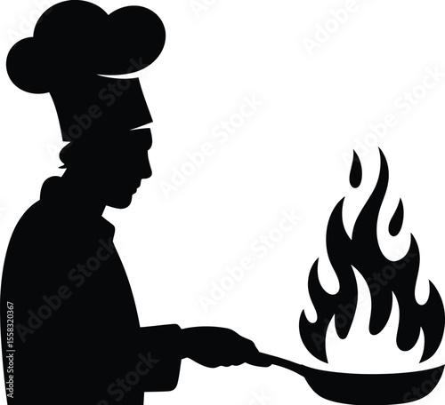 Silhouette of chef cooking with flames in a pan on a white background