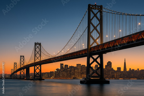San francisco bay bridge and city skyline at sunset with orange sky