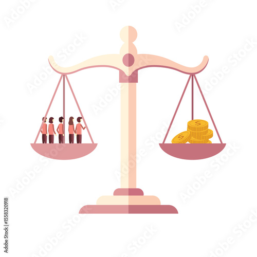 scales with people on one side and money on the other. money and people on the scales. scales of justice. suitable for the theme of justice
