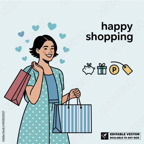 Happy shopping illustration of woman with shopping bags for retail sales and online store promotion use