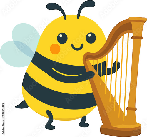 cute cartoon bee playing harp with musical notes and joyful expression for kids vector insect illustration