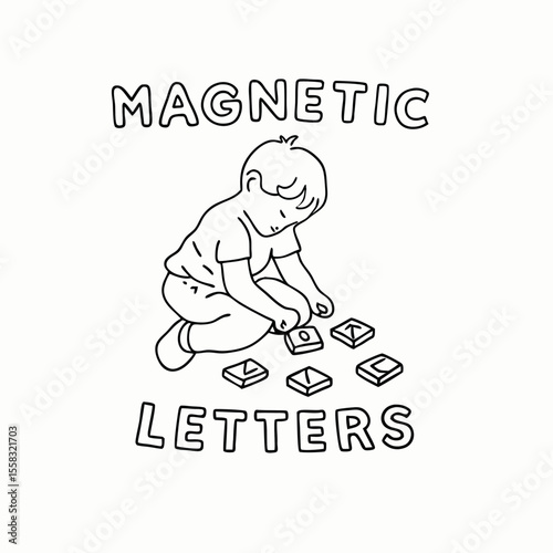 child sitting and playing with magnetic letters on floor for preschool learning