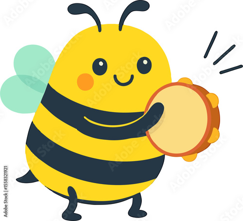 cute cartoon bee playing tambourine with musical notes and joyful expression for kids vector insect illustration