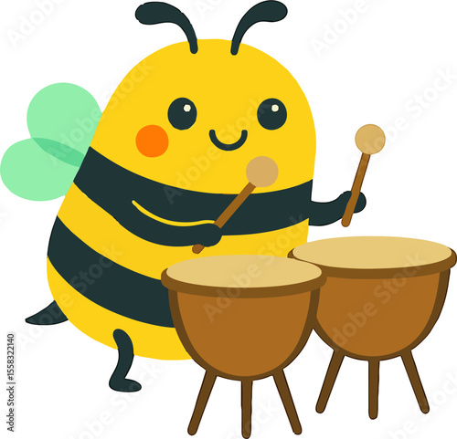 cute cartoon bee playing timpani drums with joyful expression and musical notes for kids vector insect illustration