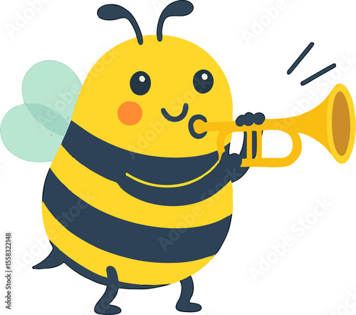 cute cartoon bee playing trumpet with musical notes and happy expression for kids vector insect illustration