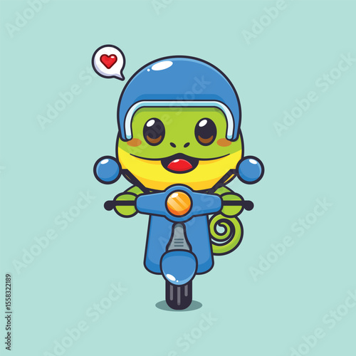 Cute chameleon mascot cartoon character illustration ride on scooter