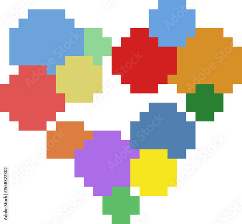 Cœur stylisé composé de formes pixelisées multicolores bleu, vert clair, jaune, rouge, orange, violet, vert foncé