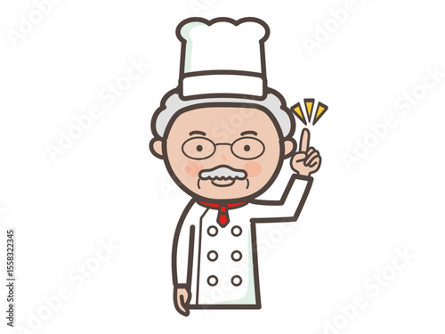 ポイントを説明するベテラン男性コックさんの上半身イラスト