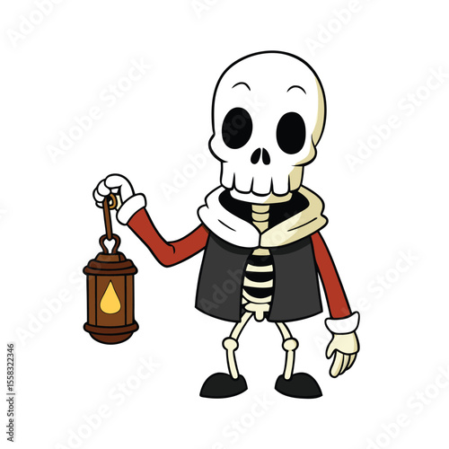 Mysterious skeleton holding a glowing lantern casting a warm light on a clean white background for spooky or fantasy themes