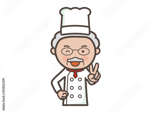 笑顔でピースをするベテラン男性コックさんの上半身イラスト