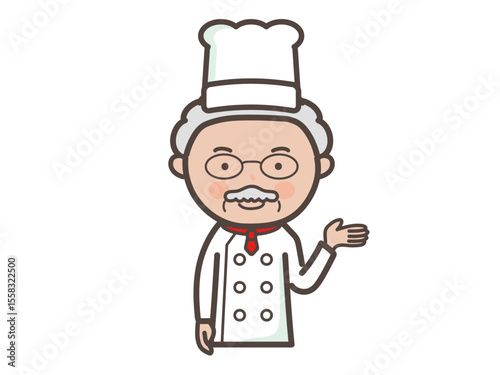 説明や案内をするイメージのベテラン男性コックさんの上半身イラスト