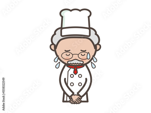 冷や汗をかいて謝罪するベテラン男性コックさんの上半身イラスト