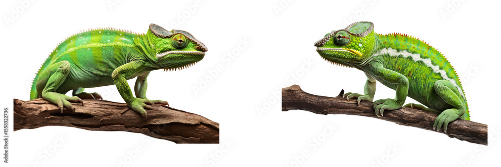 Fototapeta premium A collection of green chameleons on branches isolated on a transparent background