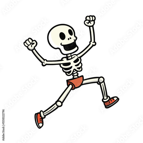 Dynamic skeleton leaping mid air against a clean white background for creative projects
