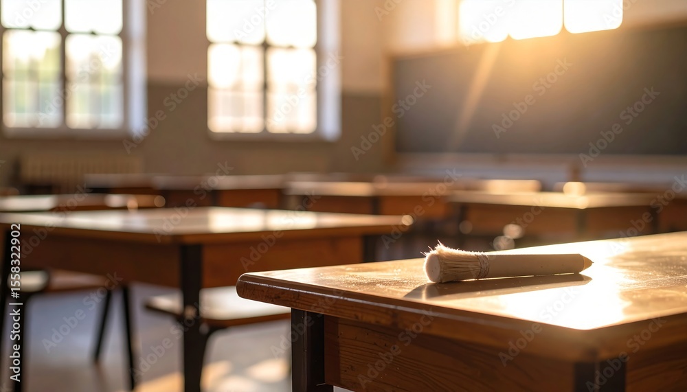Fototapeta premium Sunlit Classroom with Desks and a Brush on the Table