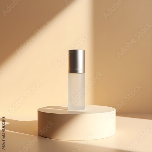 A sleek, cylindrical face serum bottle with a frosted glass finish, devoid of any labels or typography, sits atop a matte, warm beige stone pedestal, its subtle curve echoing the gentle.