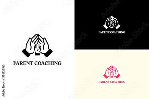 vector illustration of two adult hands holding a child hand, logo for child development, child behavior, family support, parenting, family wellness, parent education, parent coaching, and more