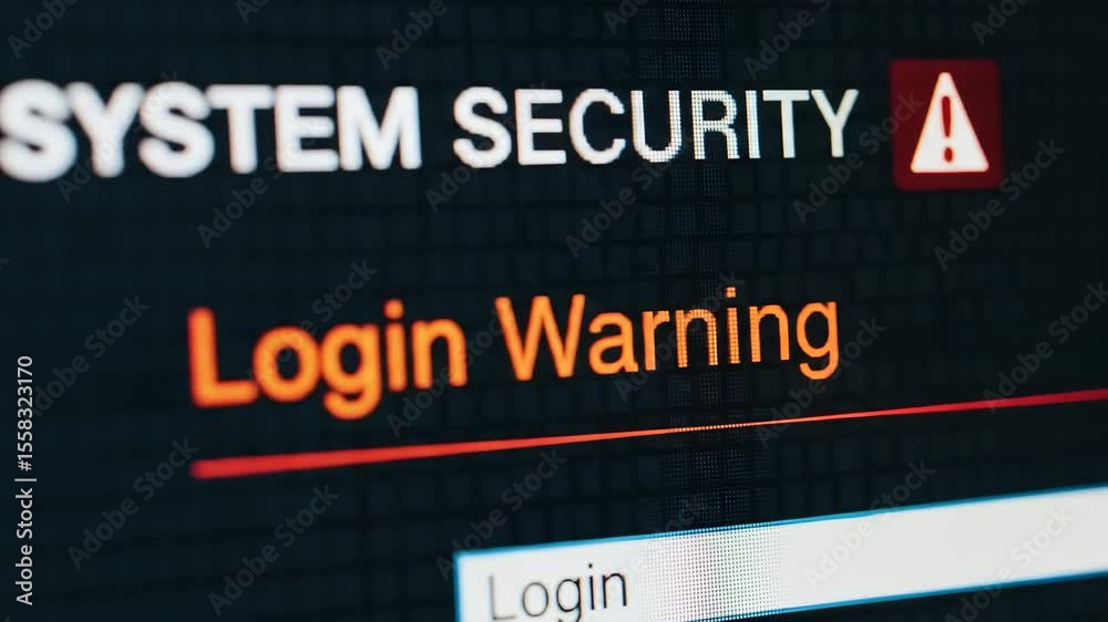 System Security Alert: Login Warning on Digital Display, Cyber Security Threat System Security Alert: Login Warning on Digital Display, Cyber Security Threat