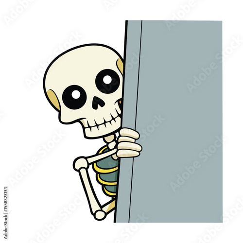 Skeleton peeking out from the corner of a white background a spooky halloween illustration