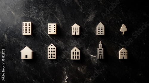 Flat lay of miniature architectural house models on a dark marble surface, representing real estate and community