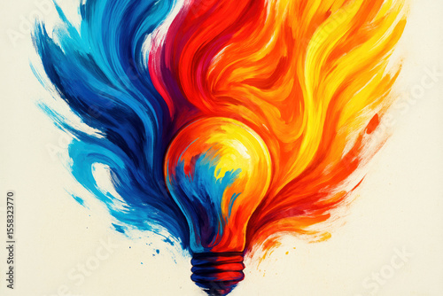 Vibrant lightbulb with swirling blue red and yellow paint strokes idea creativity
